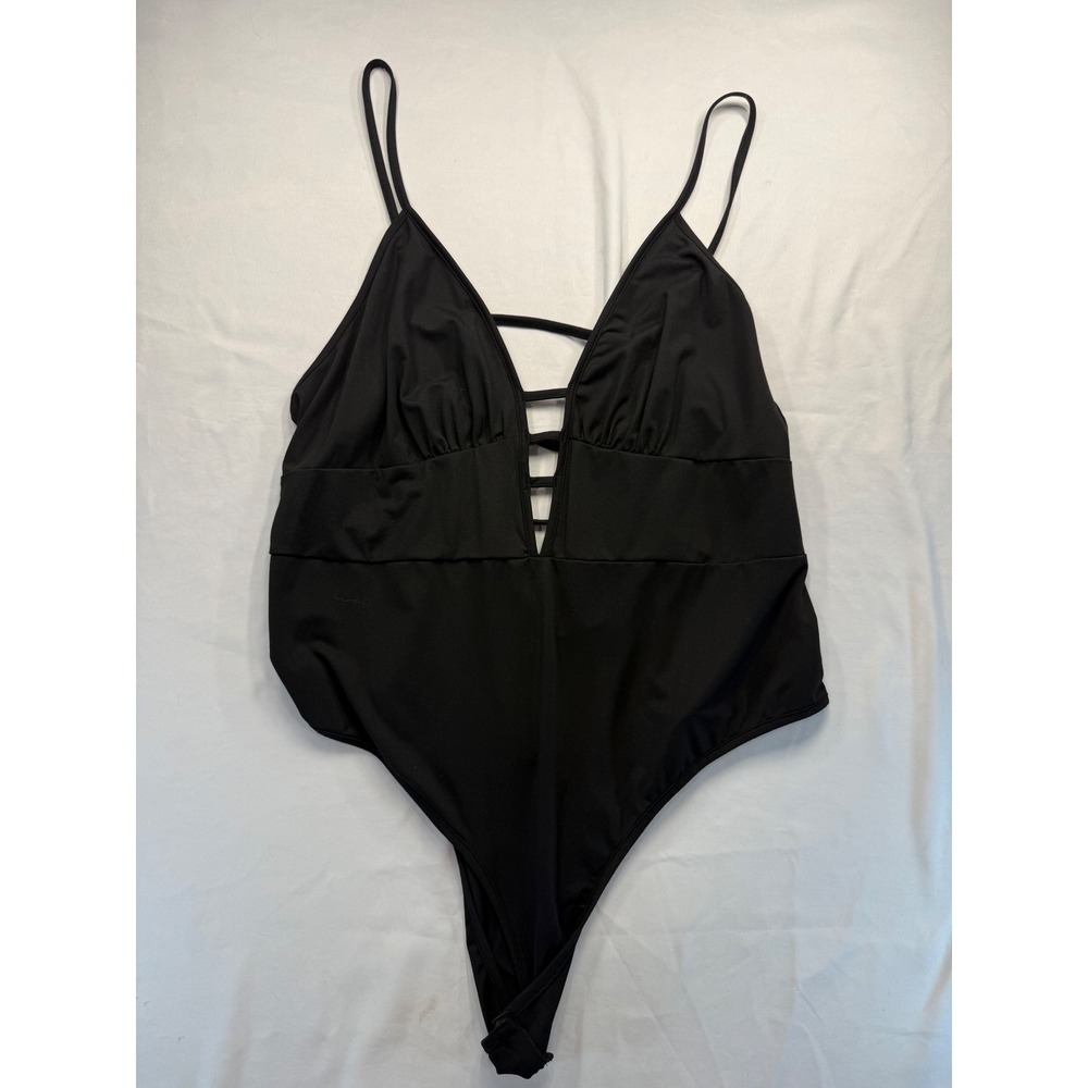 Black V-Neck Caged Bodice Bodysuit Sleeveless Thong Snap Closure Top Women's L